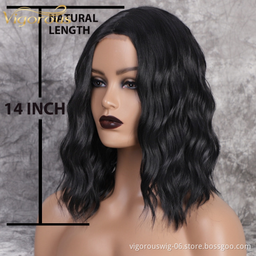 Vigorous Top Quality Short Wavy Bob Wigs For Black Women Middle Part Synthetic Lace Black Wigs Wholesale Price